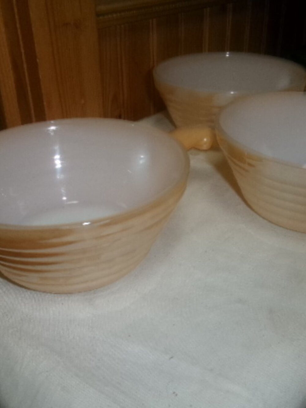 Mint set of 3 Peach Luster Fireking chilli soup bowls lug handles lot of 3